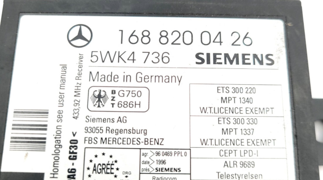 Calculator / Modul UCE Mercedes-Benz A-CLASS (W168) 1997 - 2004 1688200426, 168 820 04 26, 5WK4736, 5WK4 736