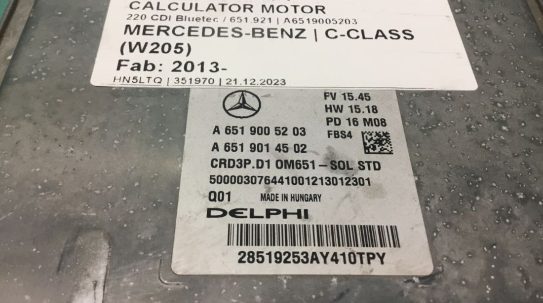 Calculator Motor A6519005203 220 CDI Bluetec / 651.921 Mercedes-Benz C-CLASS W205 2013