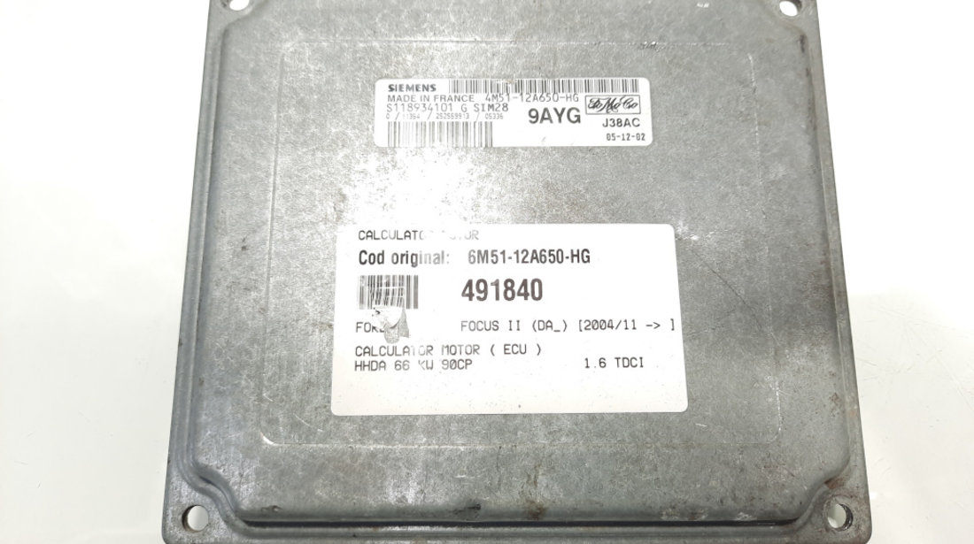 Calculator motor, cod 6M51-12A650-HG, Ford Focus 2 (DA) 1.6 TDCI, HHDA (id:491840)