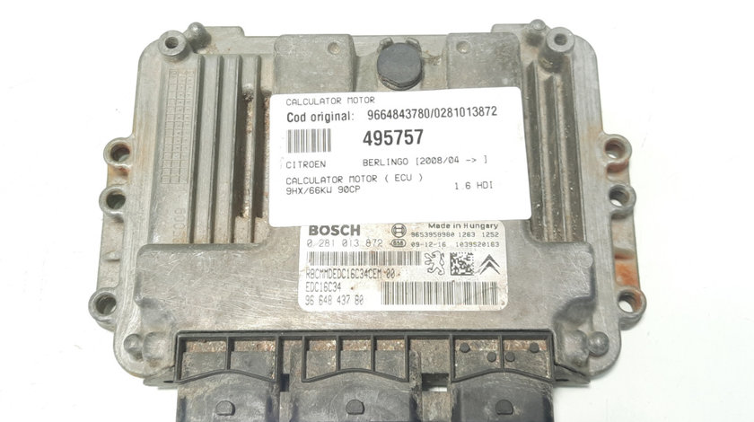 Calculator motor, cod 9664843780, 0281013872, Peugeot 307, 1.6 HDI, 9HX (idi:495757)