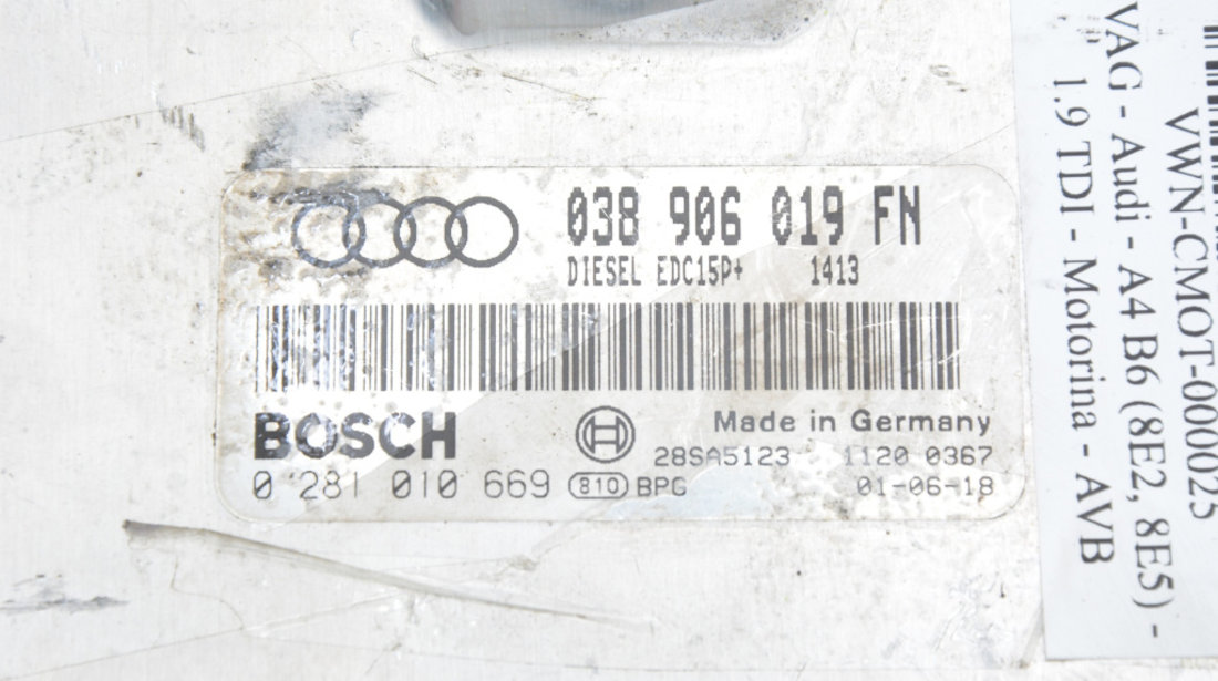 Calculator Motor / ECU Audi A4 B6 (8E) 2000 - 2004 Motorina 038906019FN, 0281010669