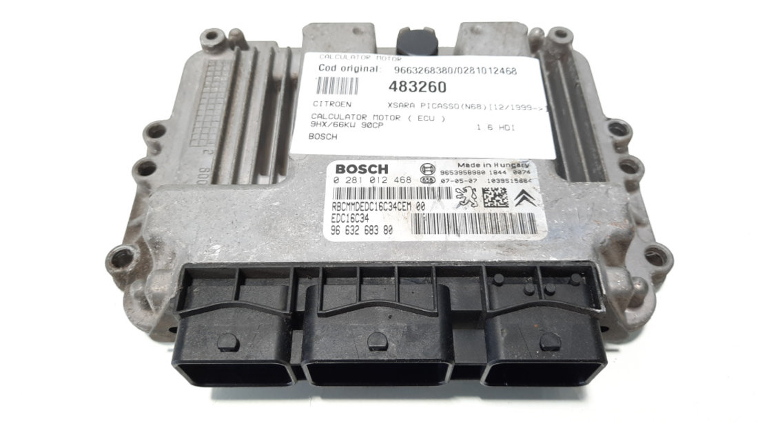 Calculator motor ECU Bosch, cod 9663268380, 0281012468, Citroen C3 Picasso, 1.6 HDI, 9HX (idi:483260)
