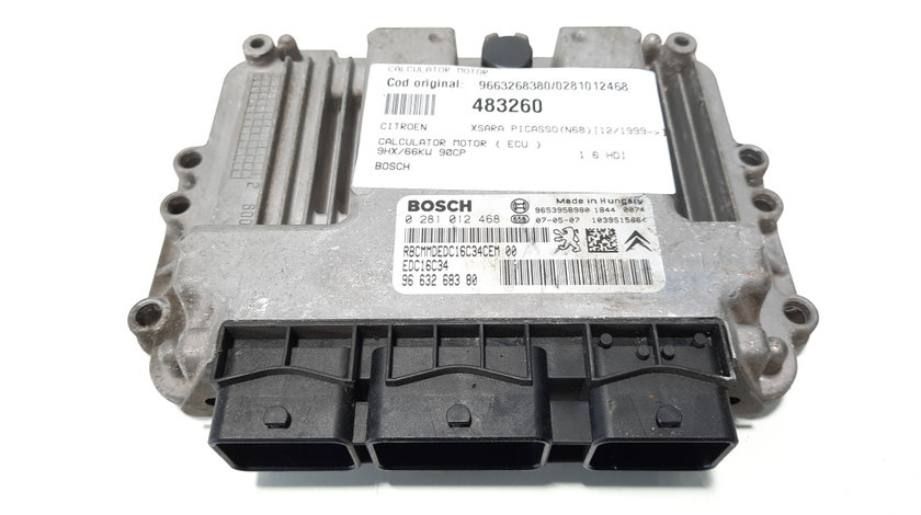 Calculator motor ECU Bosch, cod 9663268380, 0281012468, Citroen C3 (I), 1.6 HDI, 9HX (idi:483260)