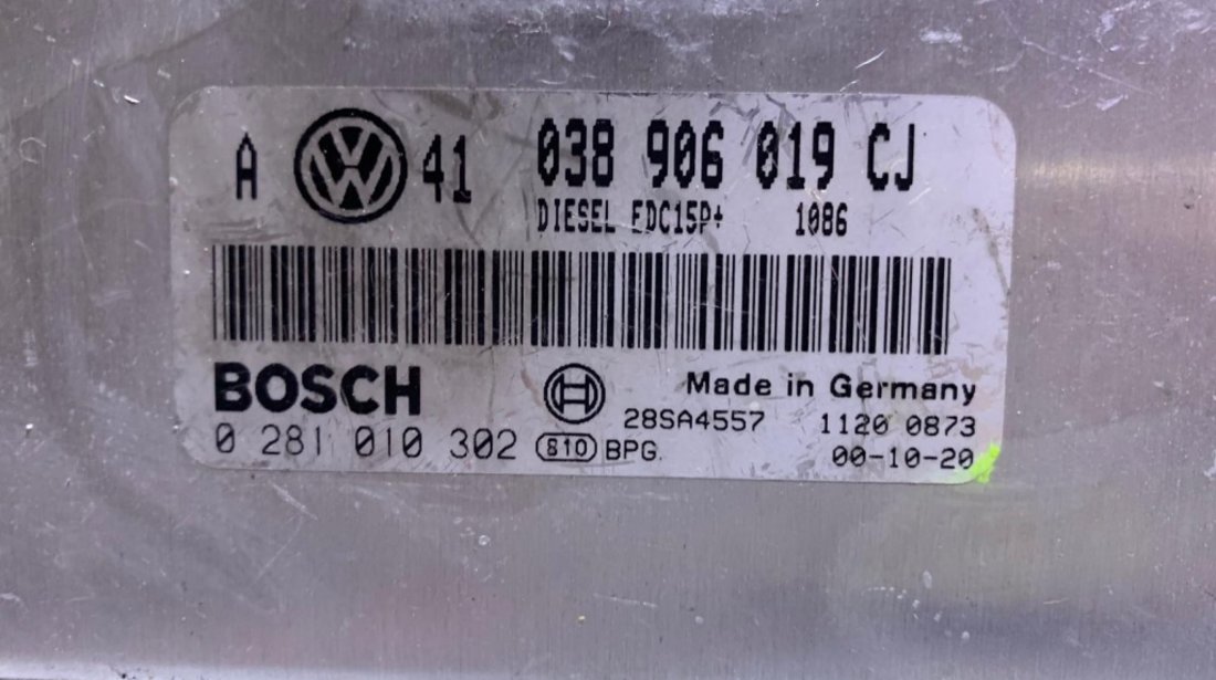 Calculator Motor / ECU Volkswagen Bora 1.9TDI 116cp AJM 1997 - 2005 COD : 0281010302 / 038906019CJ