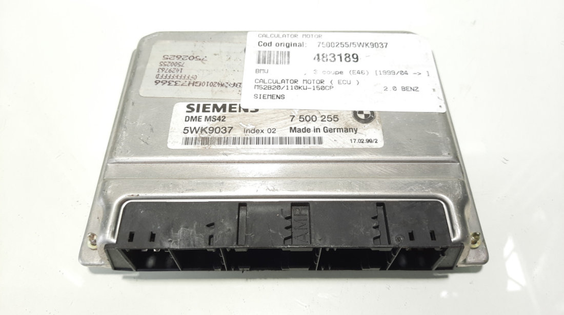 Calculator motor Siemens, cod 7500255, 5WK9037, Bmw 3 (E46), 2.0 benz, M52B20 (idi:483189)