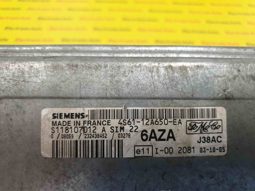 Calculator Motor SIEMENS FORD FIESTA 4S61-12A650-EA / 4S61 12A650 EA / 4S6112A650EA / S118107012 A /...