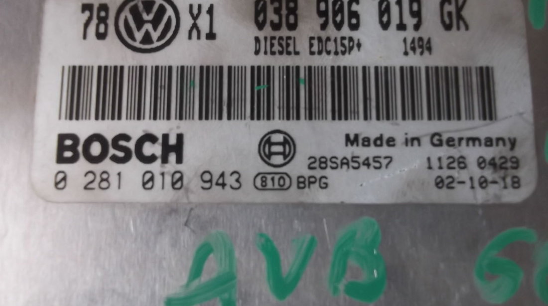 calculator motor vw passat 1.9 tdi   AVB 038906019GK  0281010943