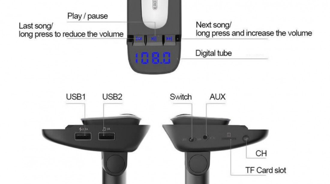 Car Kit Auto ER9 Modulator FM Cu Casca Bluetooth MP3 Player TF Card Siegbert 999EL3015