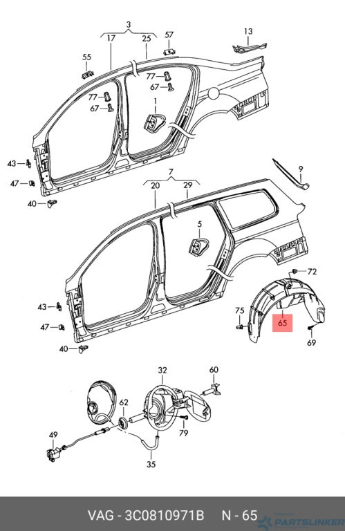 Carenaj roata stanga spate Volkswagen Passat B6 (3C2) Berlina 2008 2.0 TDI OEM 3C0810971B