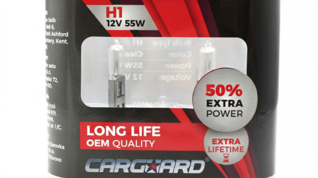 Carguard Set De 2 Becuri Halogen H1 55W +50% Intensitate Long Life BHA011