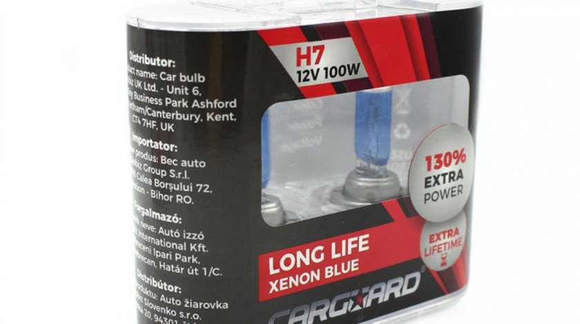 Carguard Set De 2 Becuri Halogen H7 100W +130% Intensitate Long Life BHA034