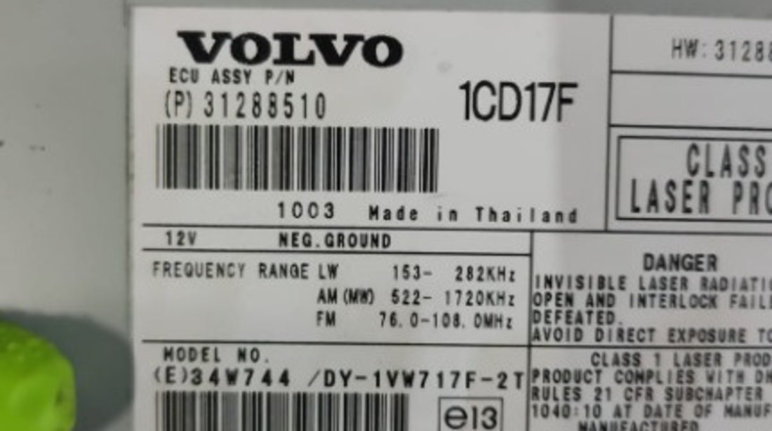 CD player Volvo V50 2.0 D 136Cp / 100 Kw cod motor D4204T,an 2010 cod 31288510