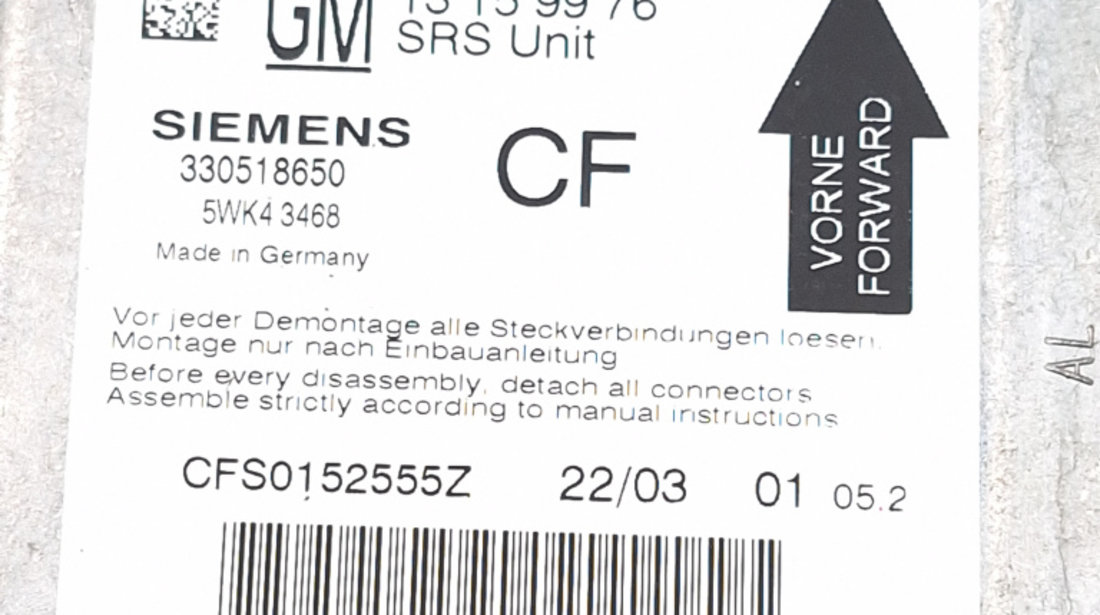 Centralina Airbag Opel VECTRA C 2002 - 2009 13159976, 1315.99.76, 330518650, 3305.18650, 5WK43468, 5WK43468, CFS0152555Z