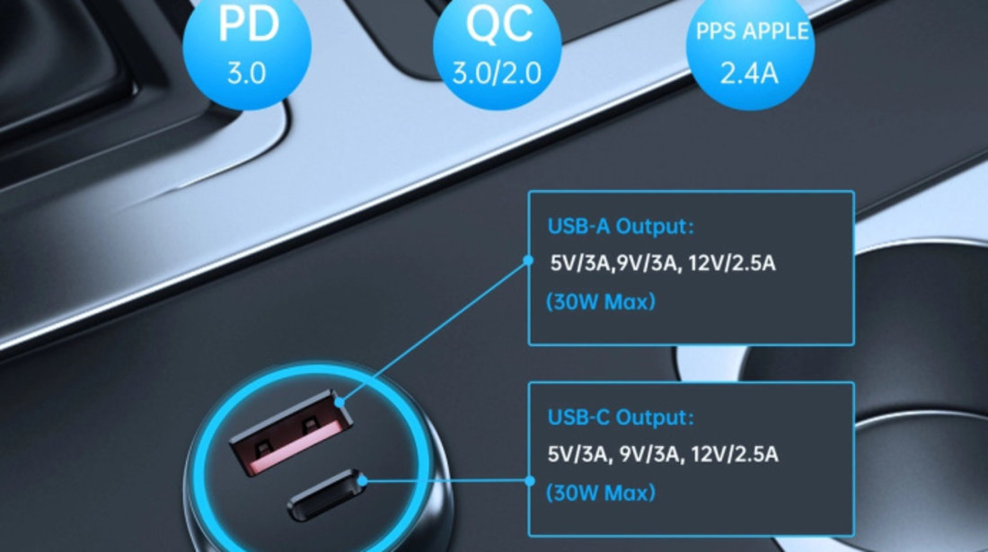 Choetech Incarcator Auto USB-C USB-A PD 60W Cu Lumina Ambientala Led Negru TC0014