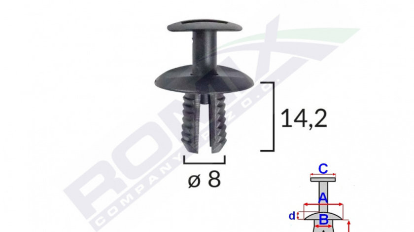 Clips Fixare Elemente Exterioare Pentru Vw, Seat, Mercedes, Skoda 8x14.2mm Negru Set 10buc Romix C60762-RMX