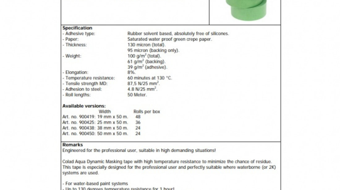Colad & Hamach Banda Hartie Mascare Rezistenta La Apa 130C Verde 50MM X 50M 900450CLD