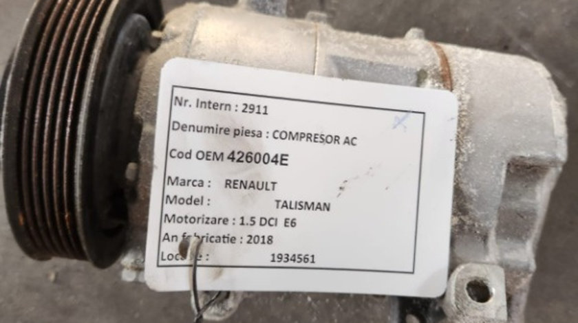 Compresor AC Renault Captur K9K656 E6 2016 Cod : 926004EA0A
