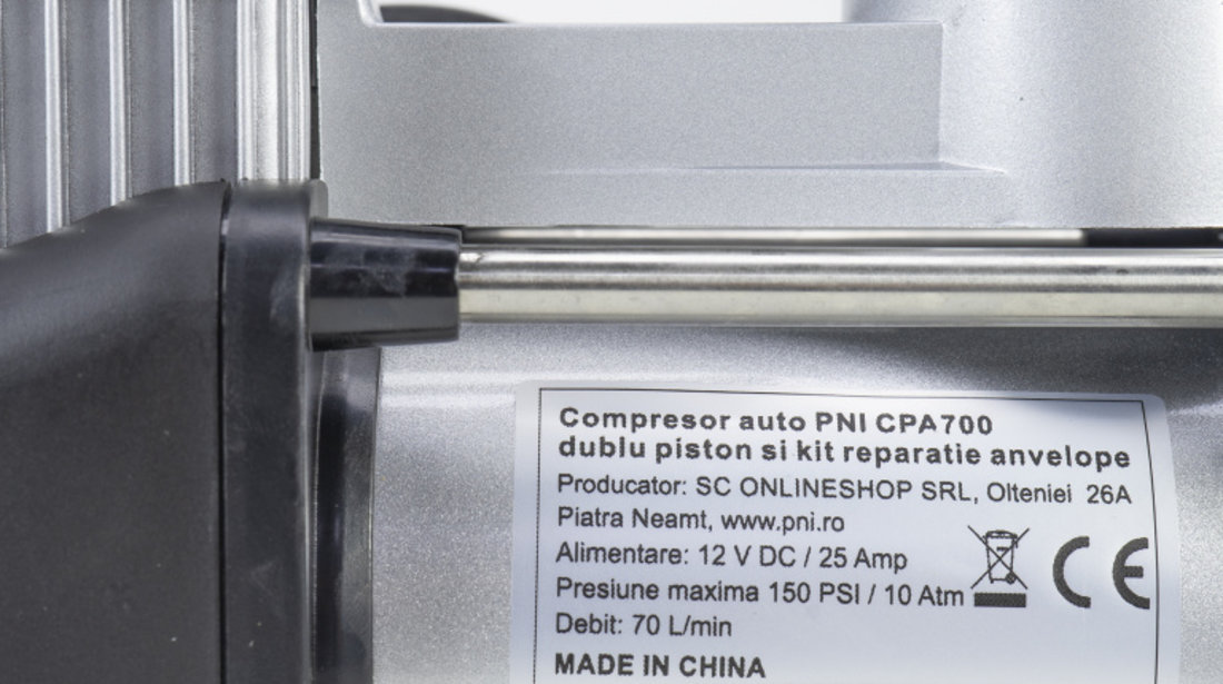 Compresor auto PNI CPA700 dublu piston si kit reparatie anvelope, 12V, 25A PNI-CPA700