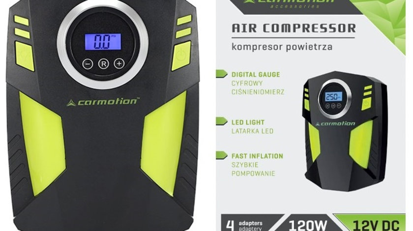 Compresor De Aer DC 12V, 150 Psi, Automat Cu Manometru Digital, 4 Adaptoare Carmotion 63335