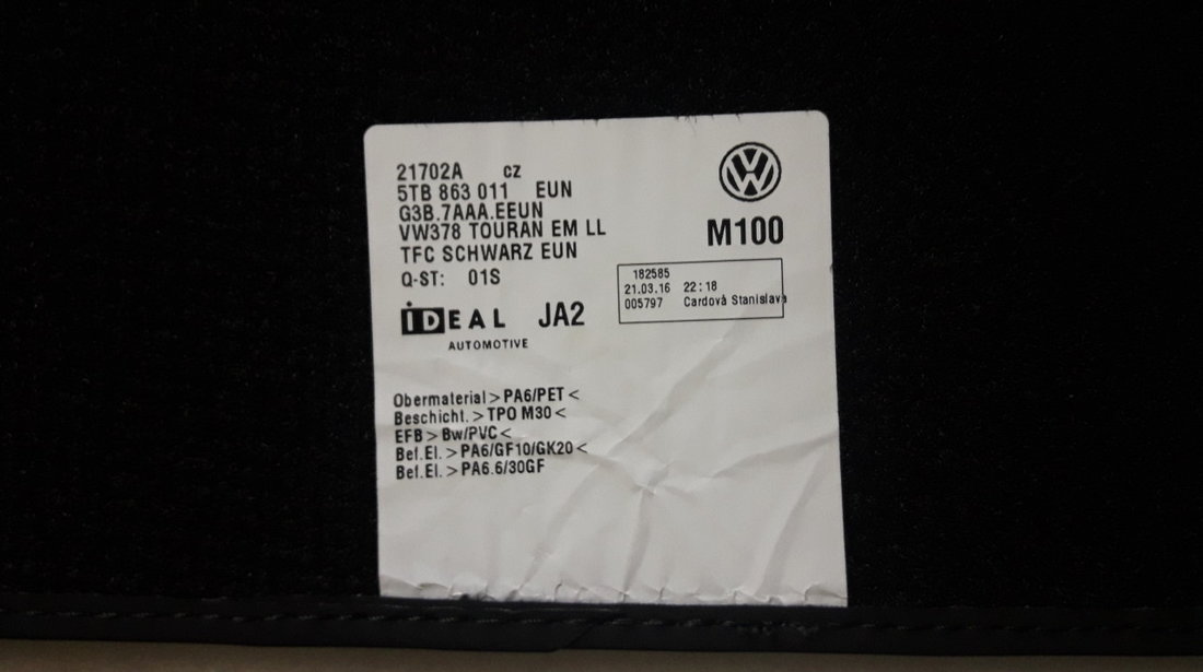 Covorase/presuri velur, ORIGINALE VW Touran 5TB 863 011 EUN - incepand cu fabricatie septembrie 2015