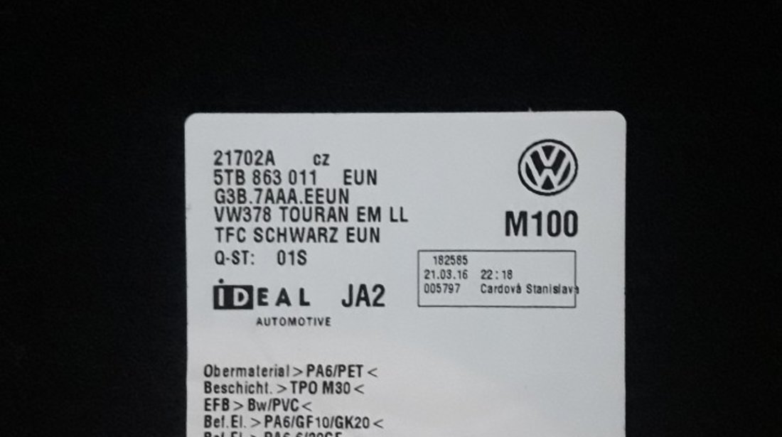 Covorase/presuri velur, ORIGINALE VW Touran 5TB 863 011 EUN - incepand cu fabricatie septembrie 2015