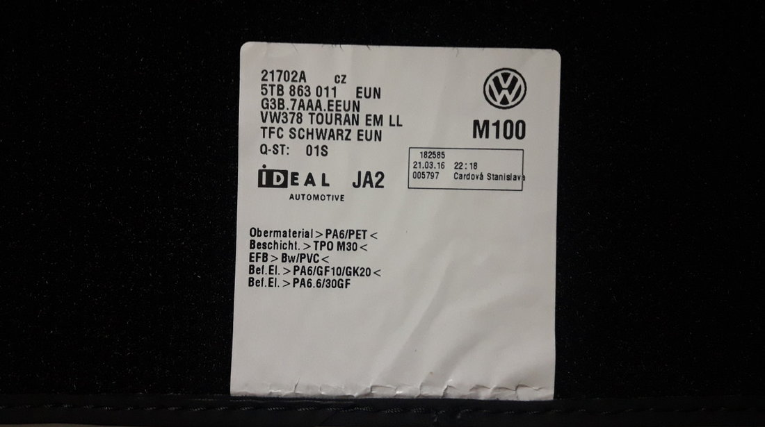 Covorase/presuri velur, ORIGINALE VW Touran 5TB 863 011 EUN - incepand cu fabricatie septembrie 2015