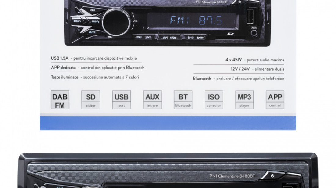 DAB si RDS radio MP3 player auto PNI Clementine 8480BT 4x45w, 12/24V, 1 DIN, cu SD, USB, AUX, RCA, Bluetooth si USB 1.5A pentru incarcare telefon PNI-8480BT