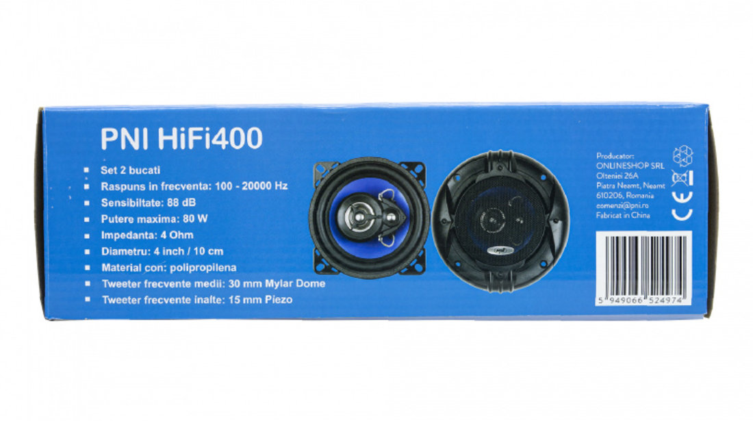 Difuzoare auto coaxiale PNI HiFi400, 80W, 4 Ohm, 10 cm, 3 cai, Injection Core cu diametru 100mm, set 2 buc PNI-FI400