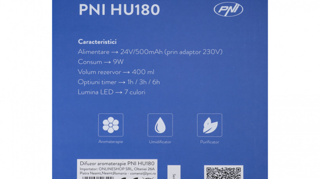 Difuzor aromaterapie PNI HU180 pentru uleiuri esentiale, cu ultrasunete, 400 ml, timer, 7 culori LED, inchidere automata, Wood Grain PNI-HU180