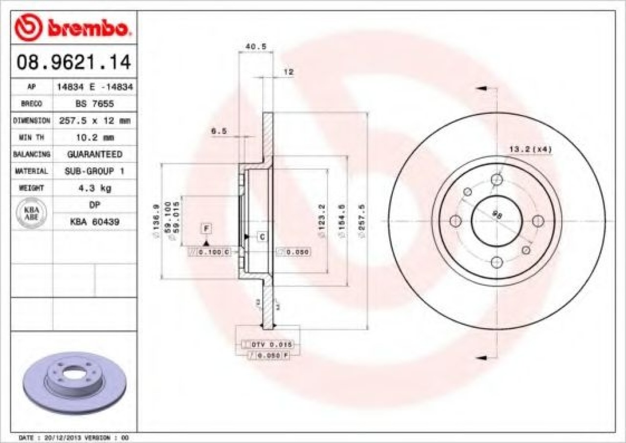 Disc frana ALFA ROMEO 146 (930) (1994 - 2001) BREMBO 08.9621.14 piesa NOUA