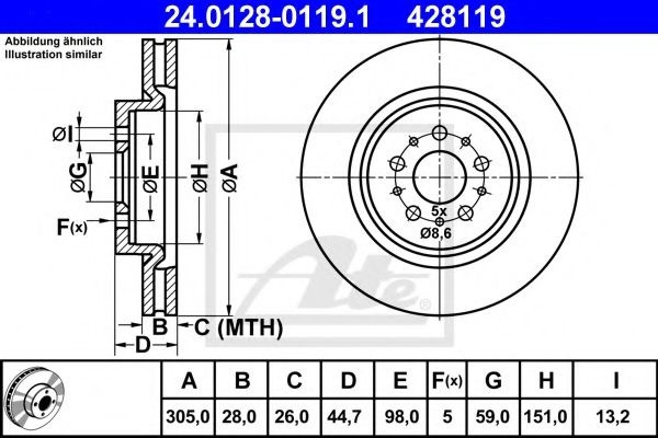 Disc frana ALFA ROMEO 147 (937) (2000 - 2010) ATE 24.0128-0119.1 piesa NOUA