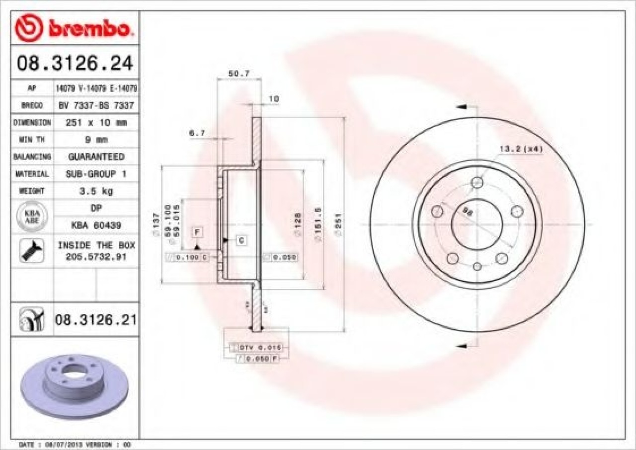 Disc frana ALFA ROMEO 147 (937) (2000 - 2010) BREMBO 08.3126.21 piesa NOUA