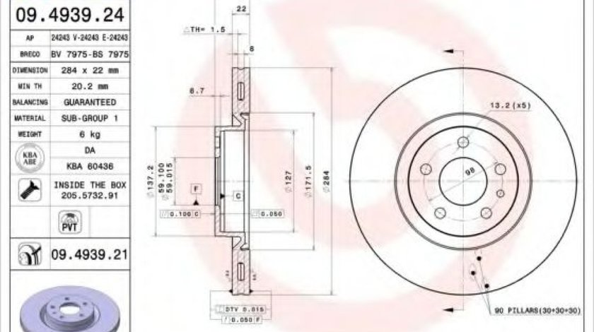 Disc frana ALFA ROMEO 147 (937) (2000 - 2010) BREMBO 09.4939.21 produs NOU