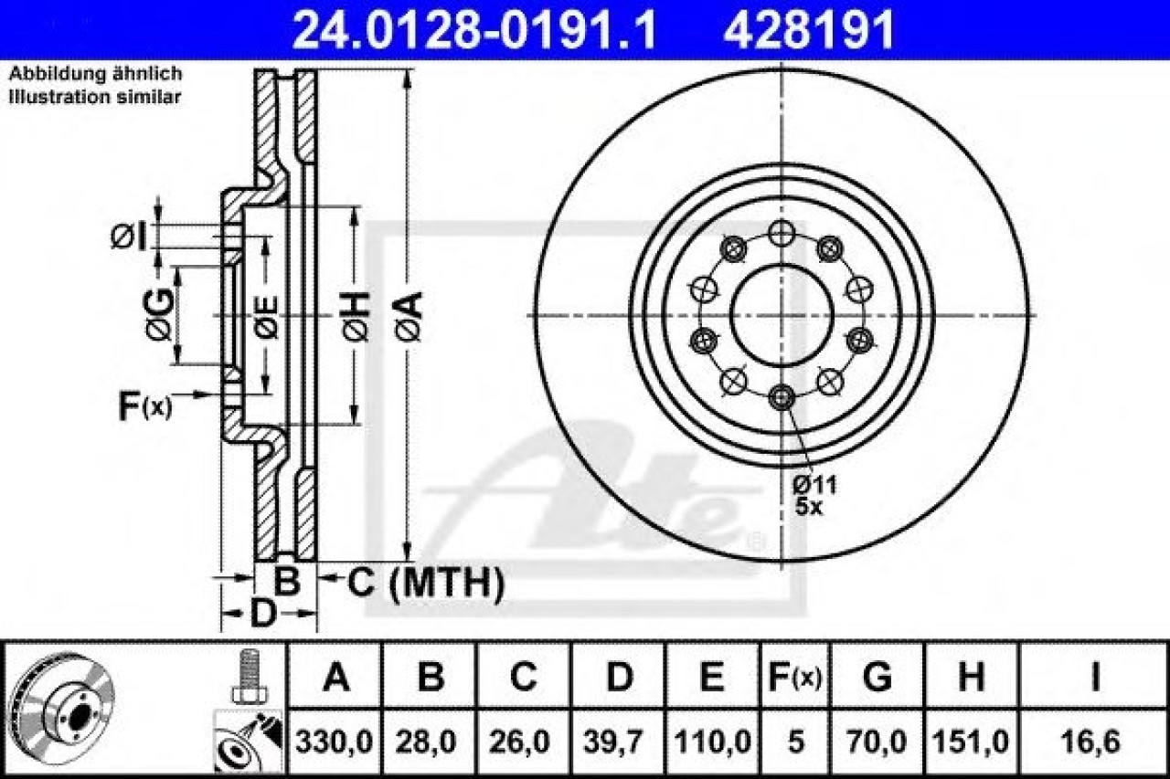 Disc frana ALFA ROMEO 159 (939) (2005 - 2011) ATE 24.0128-0191.1 piesa NOUA