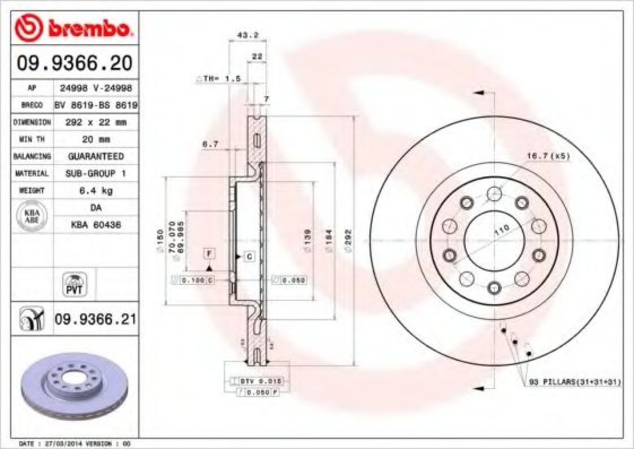 Disc frana ALFA ROMEO 159 (939) (2005 - 2011) BREMBO 09.9366.21 piesa NOUA