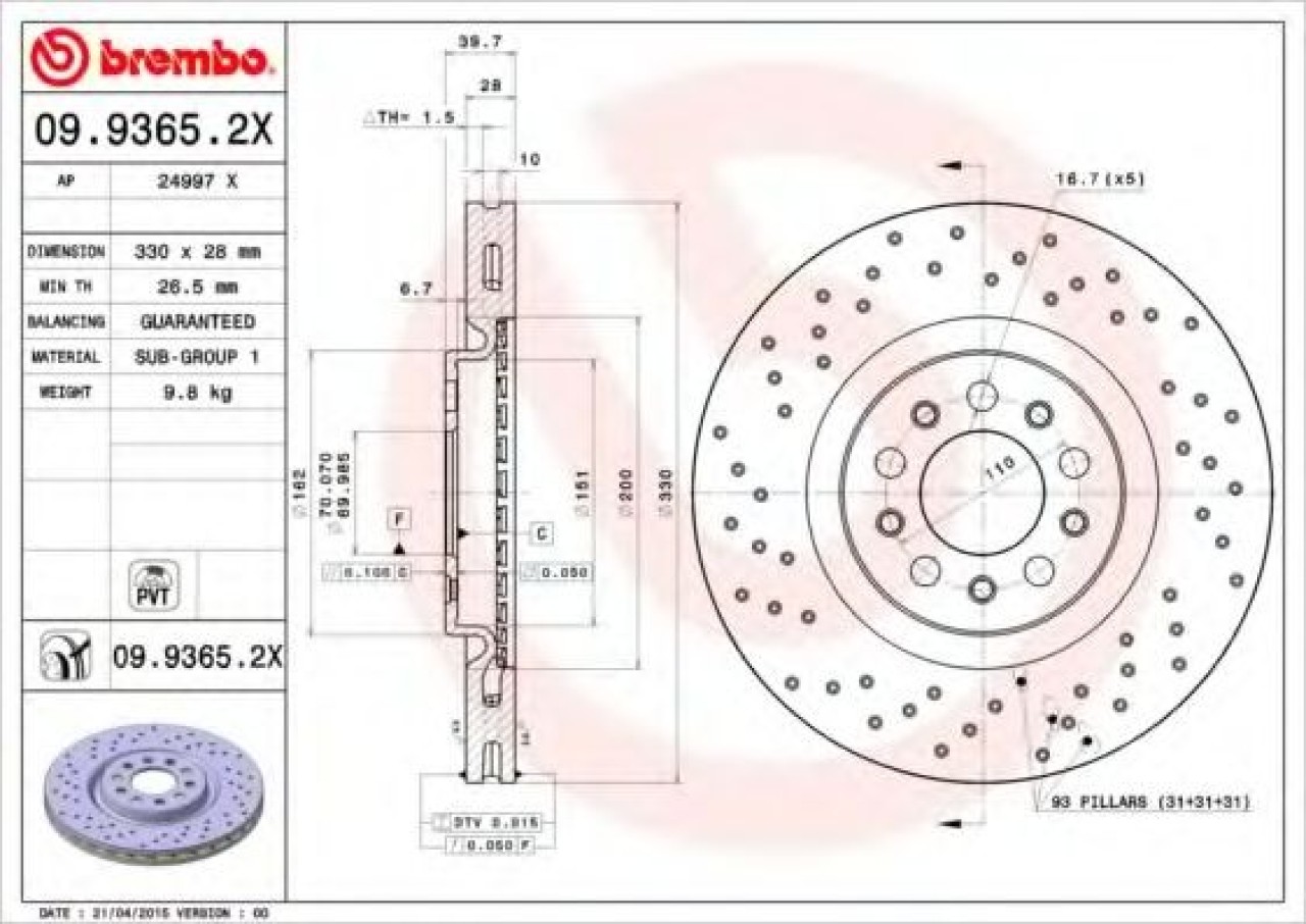 Disc frana ALFA ROMEO 159 (939) (2005 - 2011) BREMBO 09.9365.2X piesa NOUA