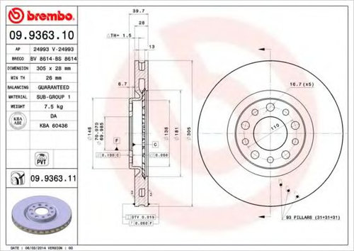 Disc frana ALFA ROMEO 159 (939) (2005 - 2011) BREMBO 09.9363.11 piesa NOUA