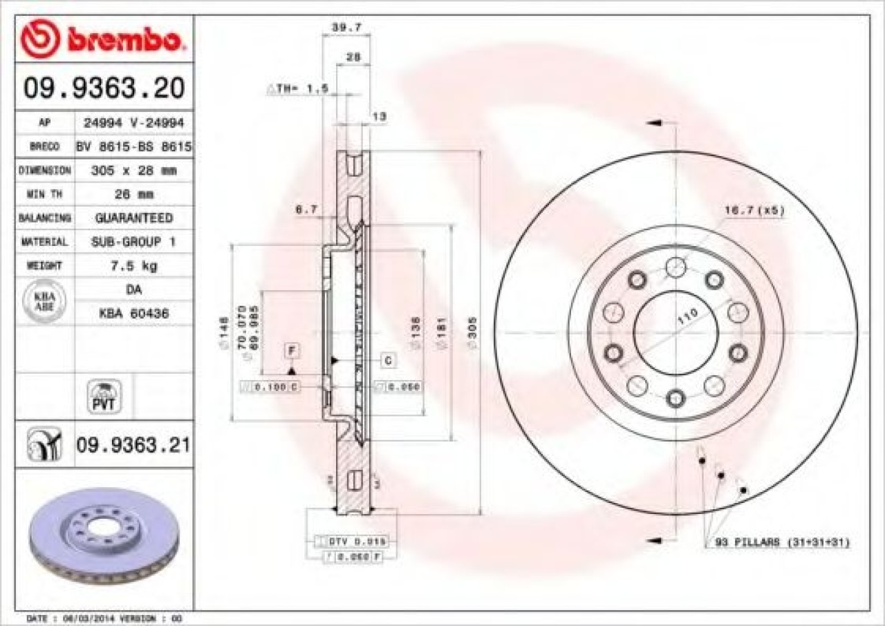 Disc frana ALFA ROMEO 159 (939) (2005 - 2011) BREMBO 09.9363.21 piesa NOUA