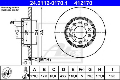 Disc frana ALFA ROMEO BRERA (939) (2006 - 2010) ATE 24.0112-0170.1 piesa NOUA