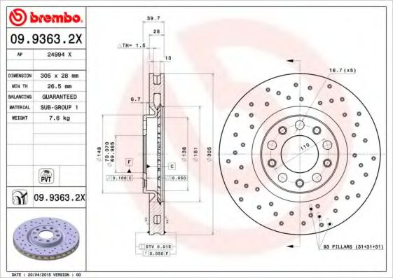 Disc frana ALFA ROMEO BRERA (939) (2006 - 2010) BREMBO 09.9363.2X piesa NOUA