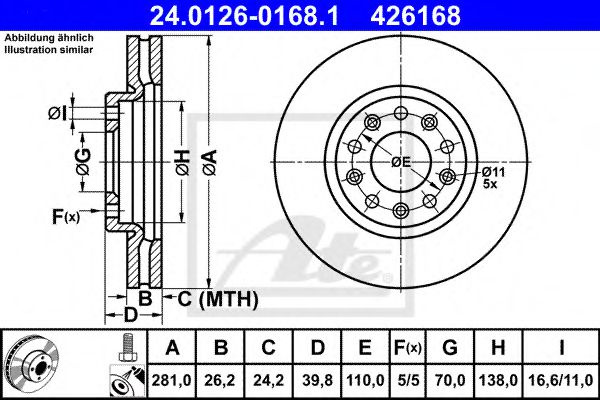 Disc frana ALFA ROMEO GIULIETTA (940) (2010 - 2016) ATE 24.0126-0168.1 piesa NOUA