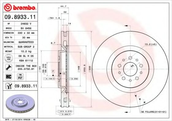 Disc frana ALFA ROMEO GT (937) (2003 - 2010) BREMBO 09.8933.11 piesa NOUA