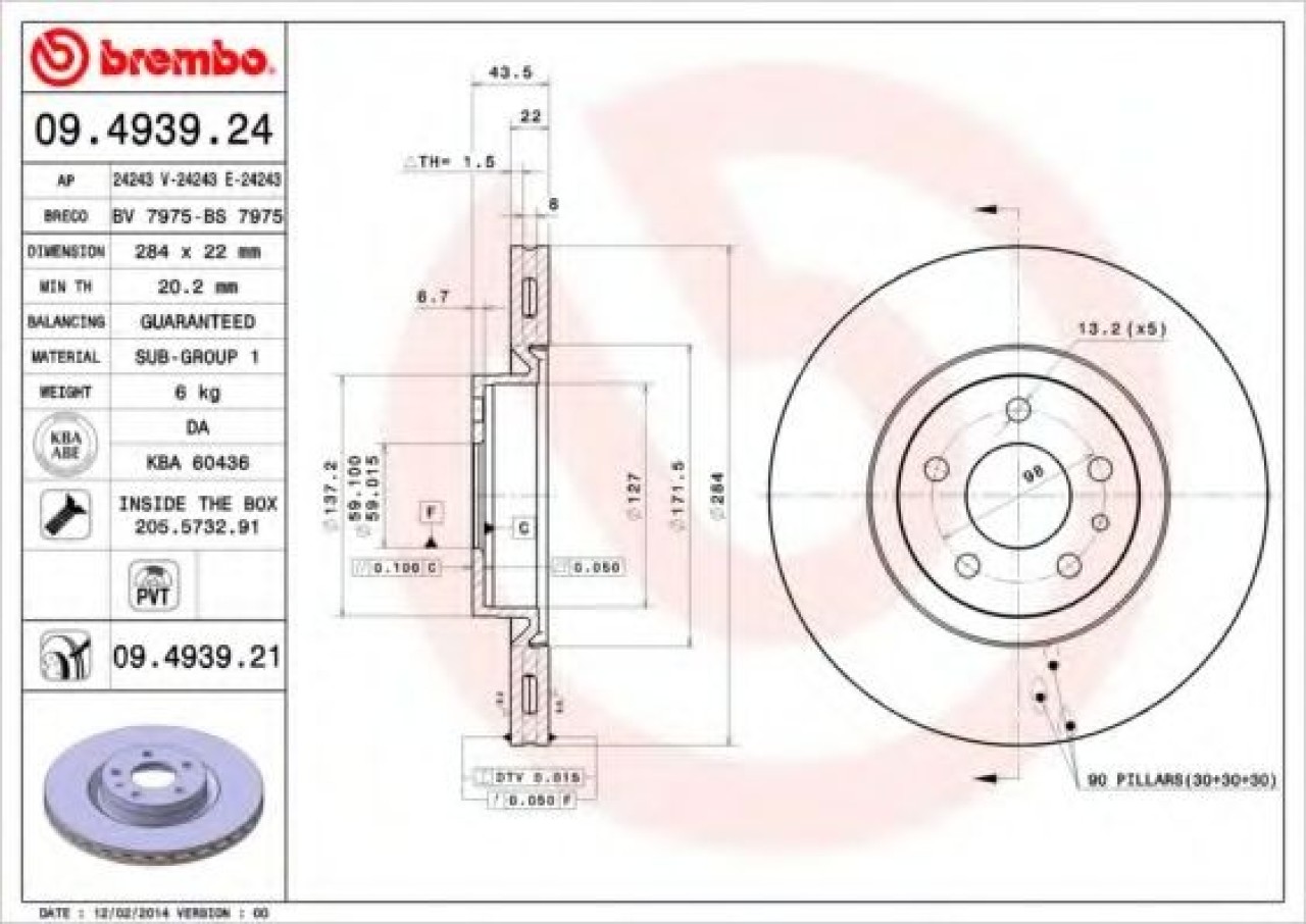 Disc frana ALFA ROMEO GT (937) (2003 - 2010) BREMBO 09.4939.21 piesa NOUA