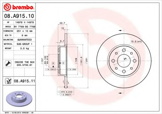 Disc frana ALFA ROMEO MITO (955) (2008 - 2016) BREMBO 08.A915.11 piesa NOUA