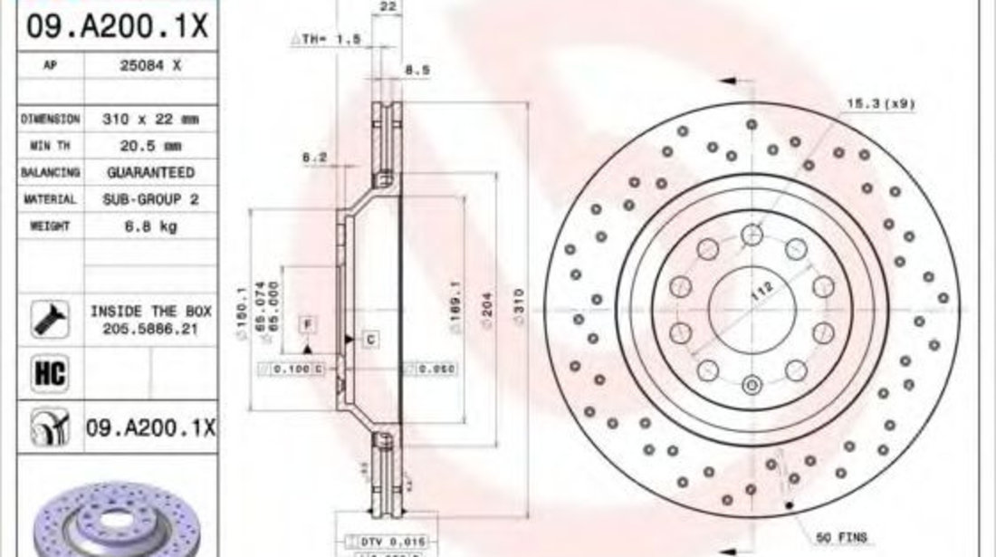 Disc frana AUDI A3 (8P1) (2003 - 2012) BREMBO 09.A200.1X piesa NOUA