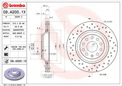Disc frana AUDI A3 Sportback (8PA) (2004 - 2013) BREMBO 09.A200.1X piesa NOUA