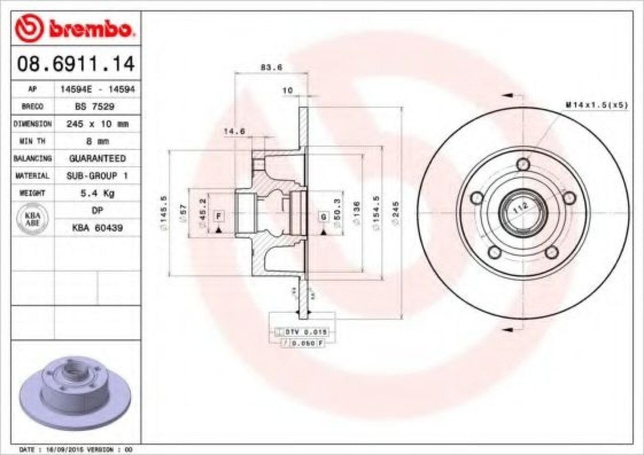 Disc frana AUDI A4 (8D2, B5) (1994 - 2001) BREMBO 08.6911.14 piesa NOUA