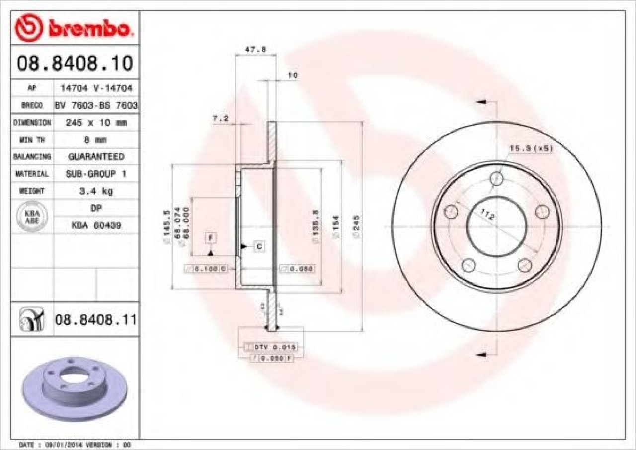 Disc frana AUDI A4 (8D2, B5) (1994 - 2001) BREMBO 08.8408.11 piesa NOUA