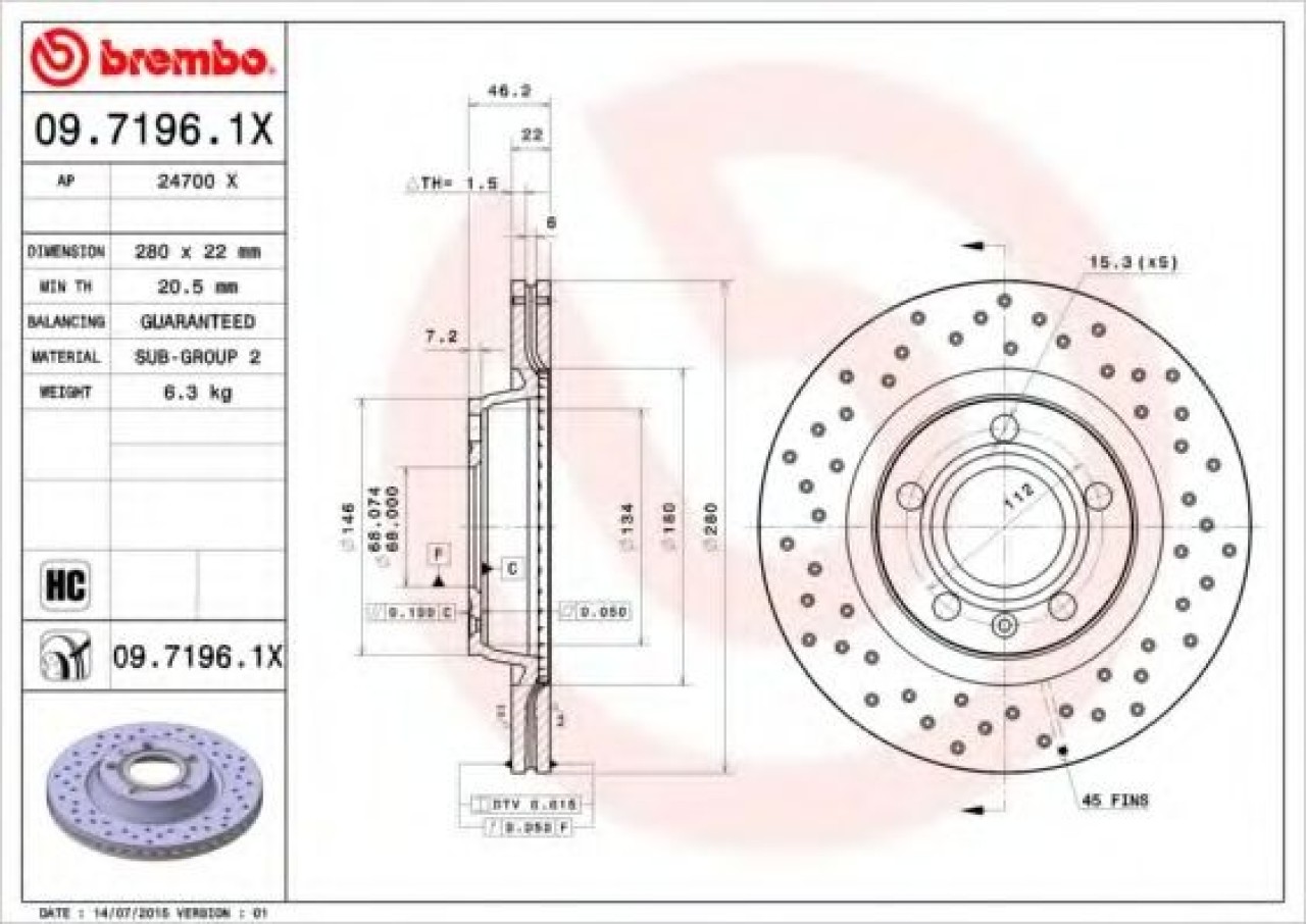 Disc frana AUDI A4 (8D2, B5) (1994 - 2001) BREMBO 09.7196.1X piesa NOUA