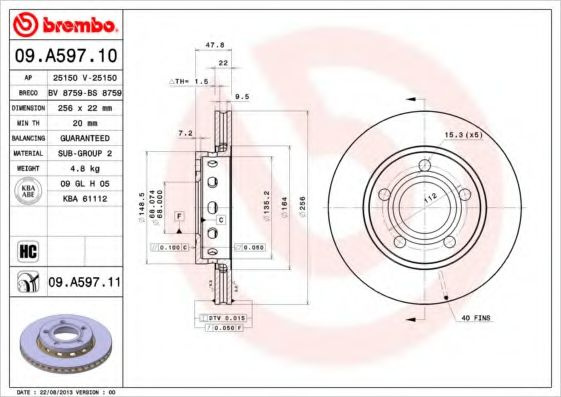 Disc frana AUDI A4 (8D2, B5) (1994 - 2001) BREMBO 09.A597.11 piesa NOUA